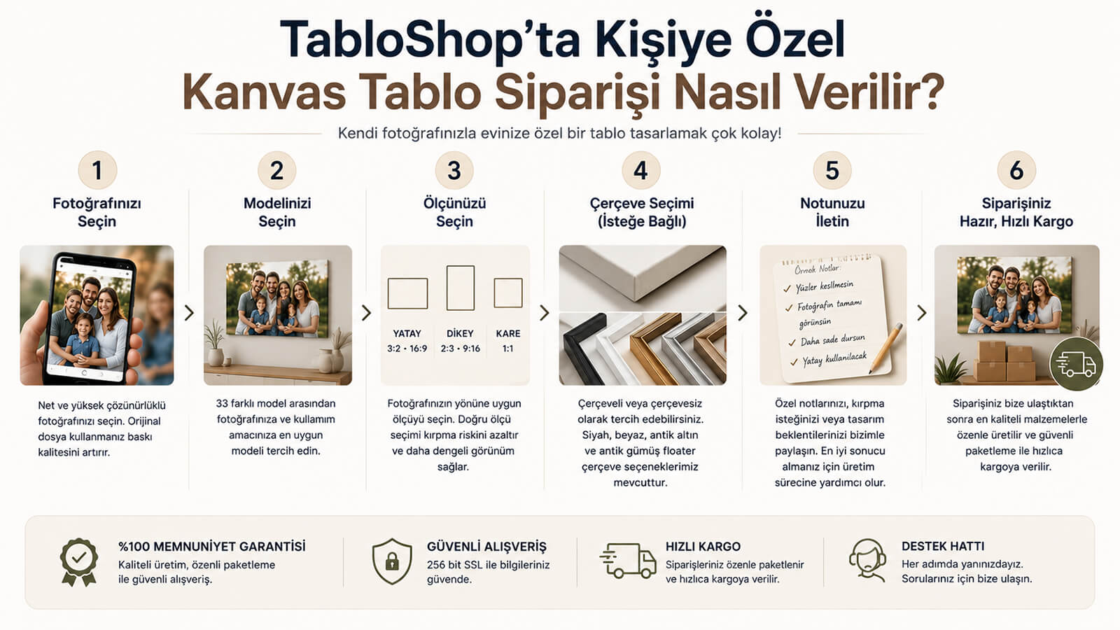 TabloShop kişiye özel kanvas tablo siparişi verme adımlarını anlatan rehber görsel
