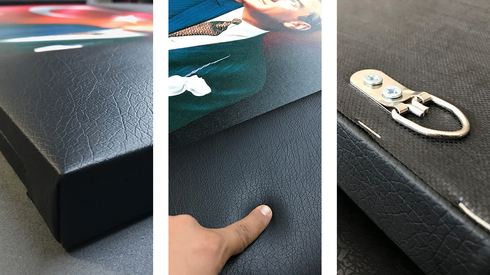 TabloShop Atatürk makam panosu üretim sürecinde siyah Tello suni deri kaplama ve askı aparatı detayları