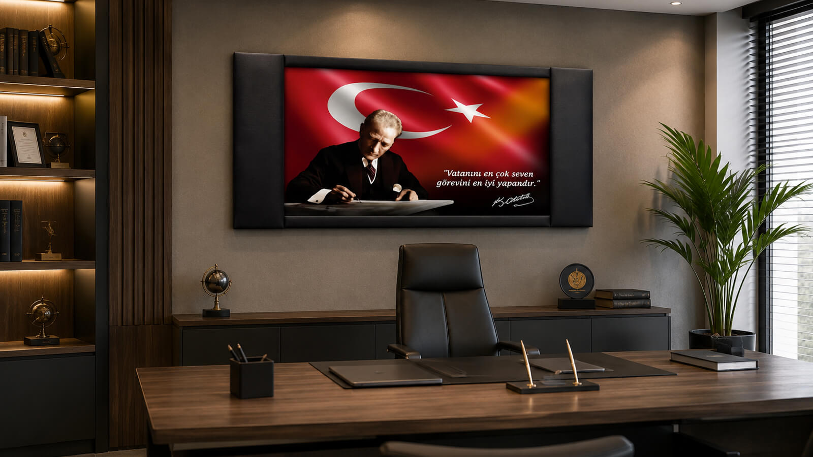 Modern yönetici ofisinde kullanılan deri çerçeveli Atatürk makam panosu uygulaması