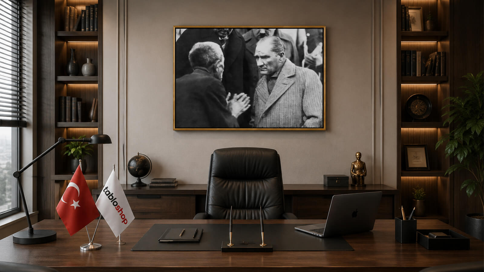Modern yönetici ofisinde masa arkasında kullanılan çerçeveli Atatürk Vatandaşı Dinlerken tablosu uygulaması
