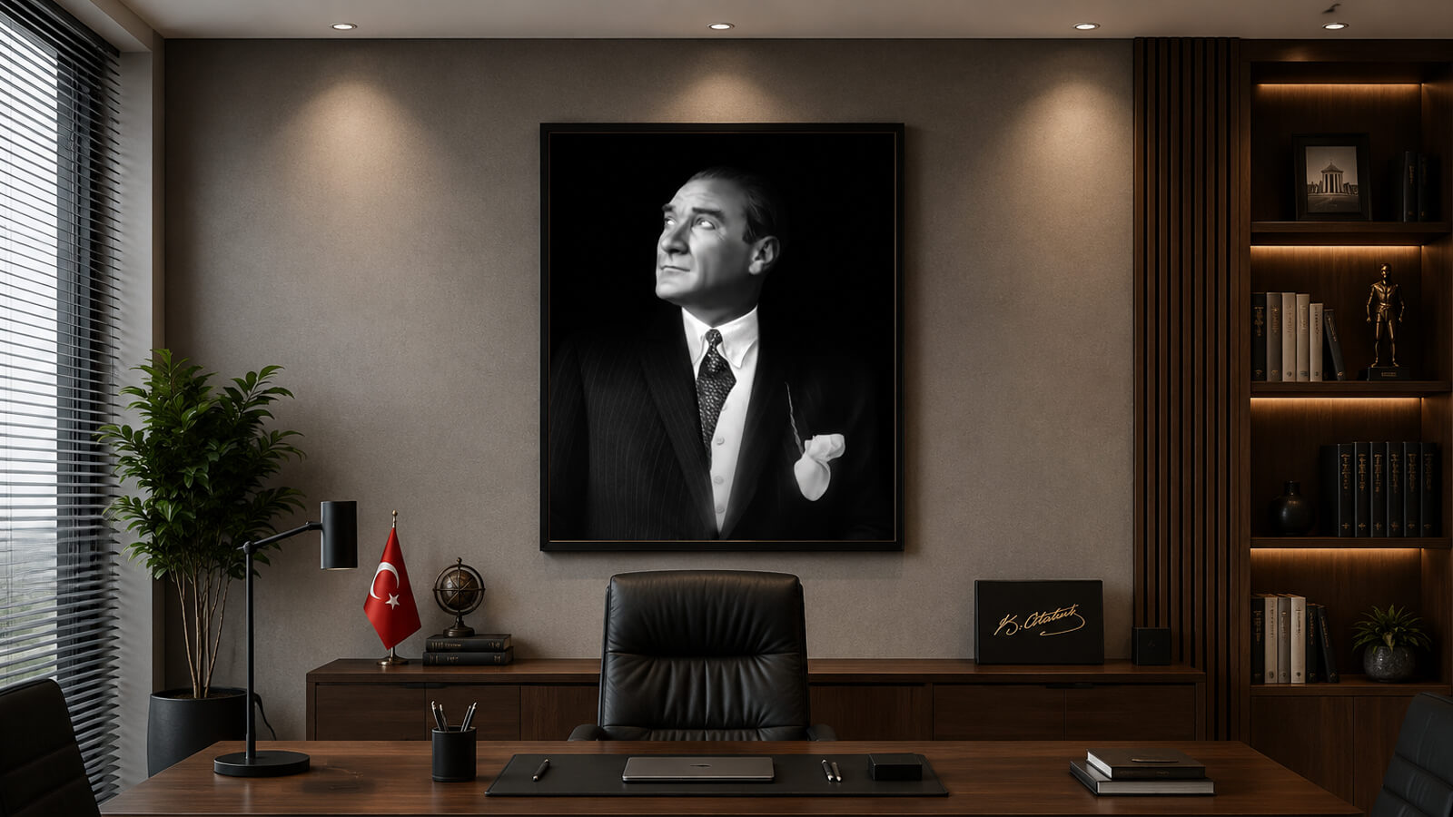 Modern yönetici ofisinde kullanılan siyah beyaz Atatürk portresi uygulaması