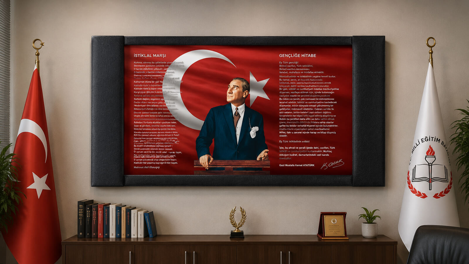 Okul ve eğitim kurumlarında kullanılan deri çerçeveli İstiklal Marşı ve Gençliğe Hitabe Atatürk makam panosu uygulaması