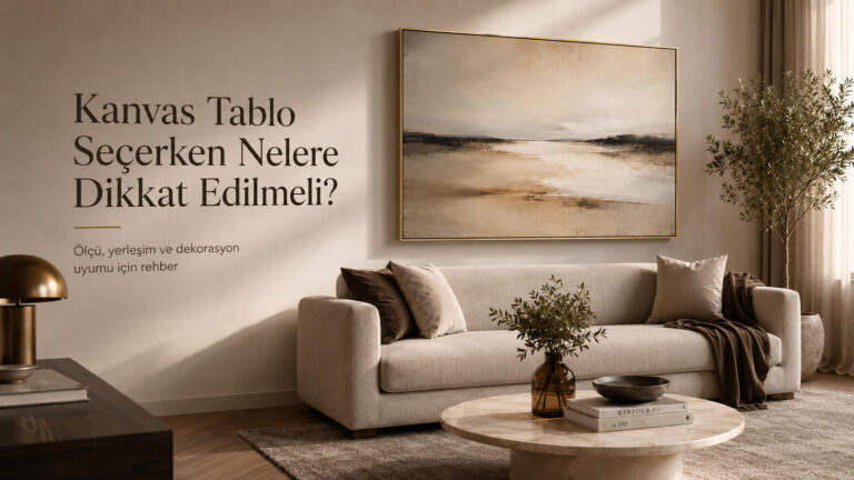 Modern salonda büyük kanvas tablo kullanımıyla kanvas tablo seçimini anlatan blog kapak görseli