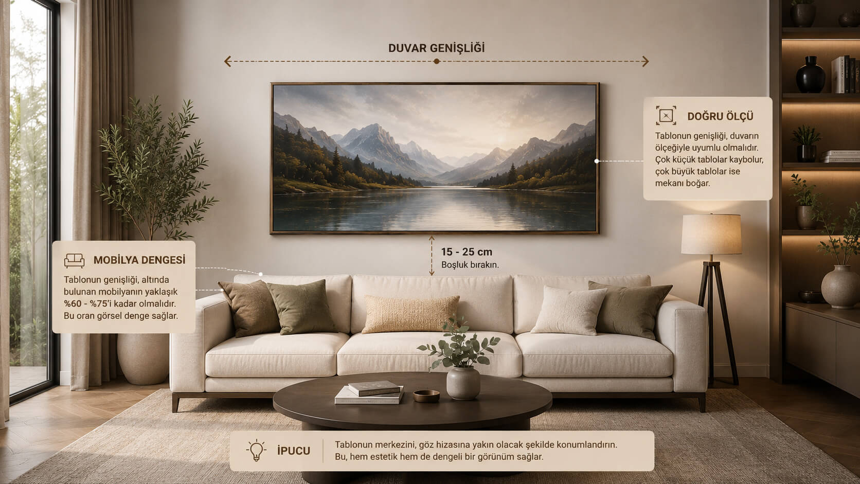 Kanvas tablo ölçüleri seçimi için modern salonda doğru boyutlandırılmış çerçeveli kanvas tablo örneği