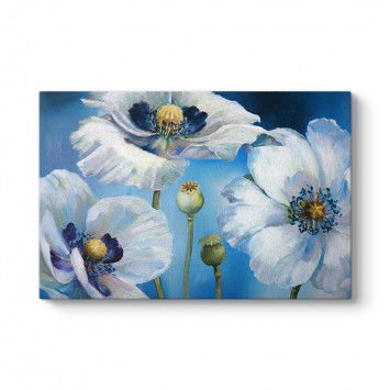 Mavi Zeminli Beyaz Çiçekler Tablosu