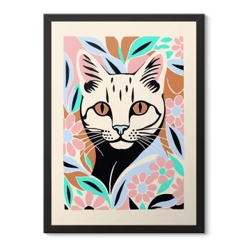 Çiçekli Kedi İllüstrasyon Poster Çerçeveli Tablo