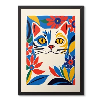 Renkli Çiçekli Kedi İllüstrasyon Poster Tablo