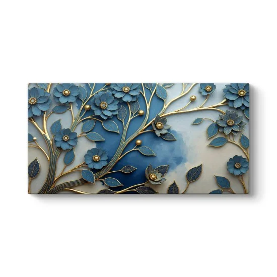 Altın dallar üzerinde mavi çiçek kompozisyonu bulunan modern kanvas tablo
