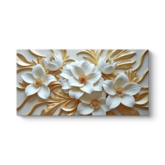 Altın sarısı yatay dallarda beyaz manolya kanvas tablo modern salon dekorasyonu