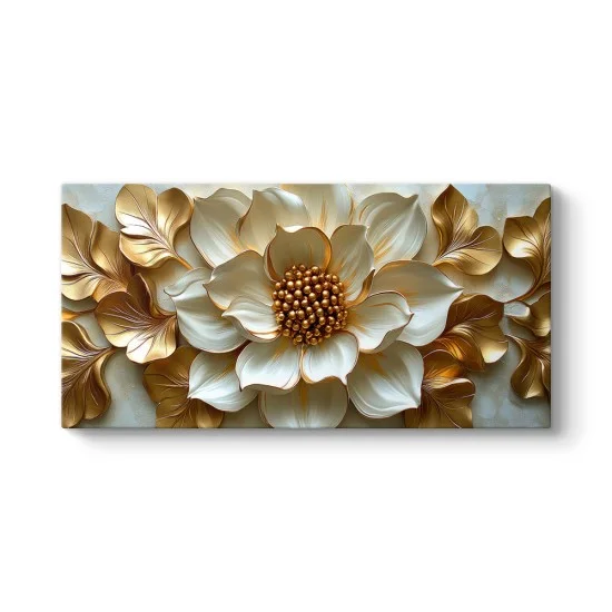 Altın sarısı detaylı beyaz manolya kanvas tablo modern salon duvar dekoru