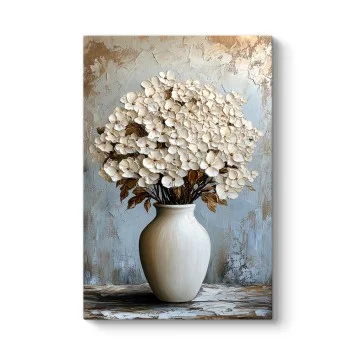 Bej Ortanca Çiçekli Vazo Kanvas Tablo