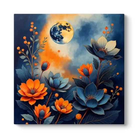 Gece mavisi ve turuncu ay ışığı manzaralı çiçekli kanvas tablo modern duvar dekorasyonu