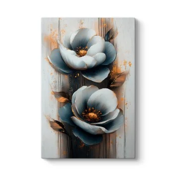 Mavi Çiçekli Altın Sarısı Modern Kanvas Tablo