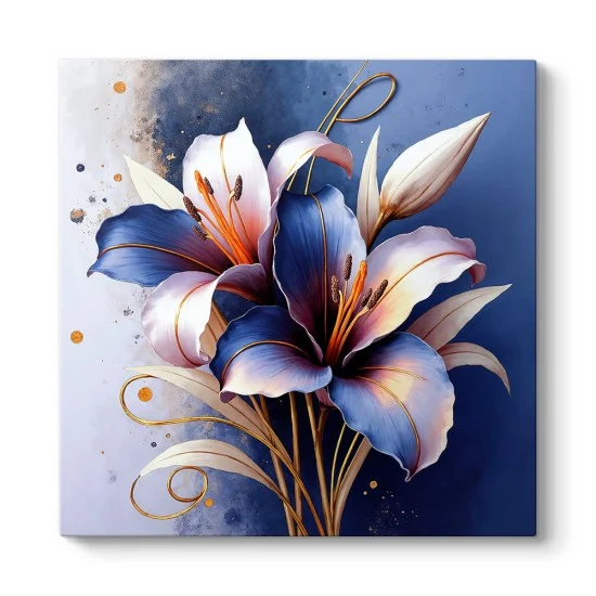 Mavi ve lila illüstrasyon lilyum kanvas tablo duvar dekoru