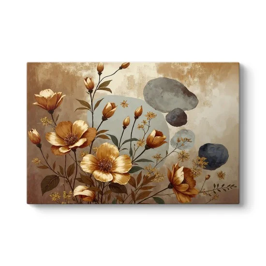 Bej arka plan üzerinde toprak tonlarında stilize çiçeklerden oluşan modern kanvas tablo