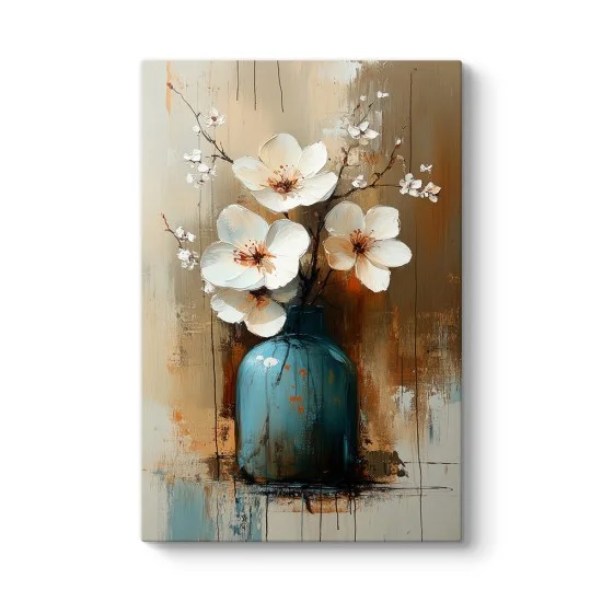 turkuaz vazoda beyaz çiçekler kanvas tablo