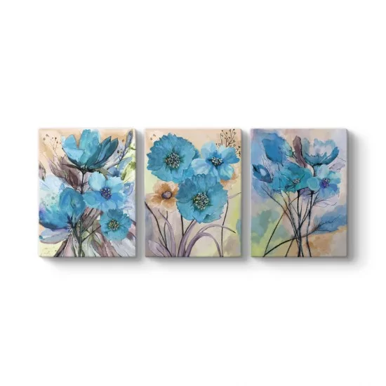 Modern Mavi Çiçekler 3 Parçalı Tablo