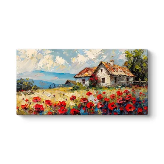 Gelincik tarlası panoramik kanvas tablo, kırmızı gelincikler arasında kiremit çatılı köy evi