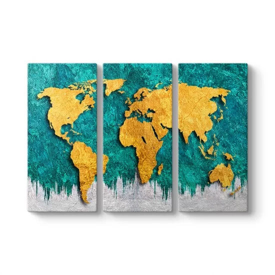 Dünya Haritası 3 Parçalı Kanvas Tablo