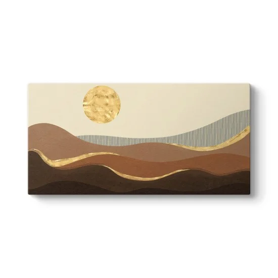 Toprak tonlarında dalgalı tepeler ve altın güneş temalı modern soyut manzara kanvas tablo