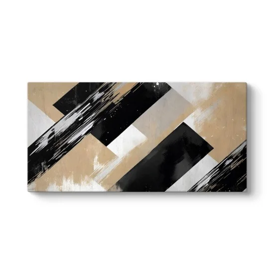 Siyah, bej ve kırık beyaz tonlarda çapraz bloklar ve fırça darbeleriyle tasarlanmış modern kanvas tablo