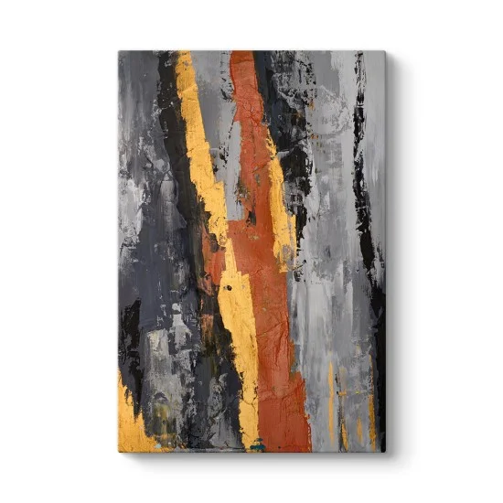 Gri zemin üzerinde altın bakır ve siyah dikey şeritli endüstriyel soyut kanvas tablo