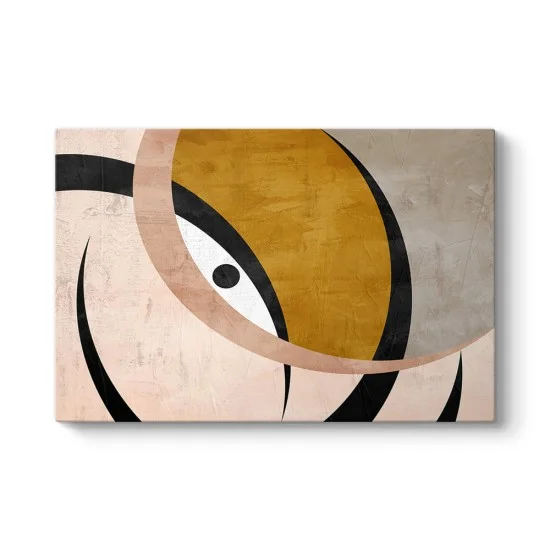 Hardal, siyah ve bej tonlarda oval formlar içeren geometrik soyut kanvas tablo