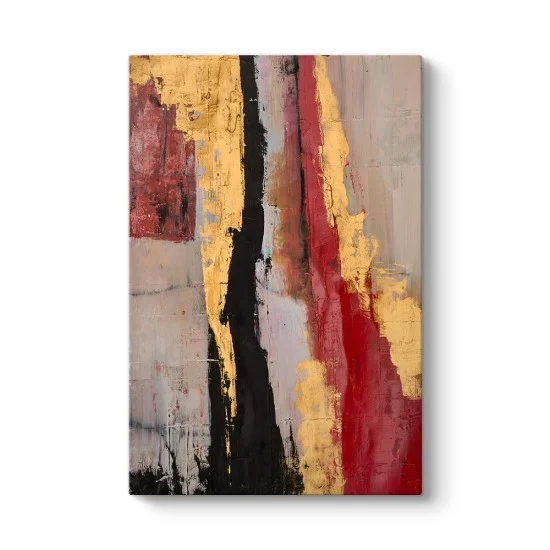Bej zemin üzerinde kırmızı siyah ve altın renkli eskitme görünümlü dikey kanvas tablo