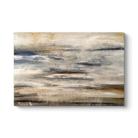 Bej, gri ve kahverengi tonlarda yatay fırça darbesi görünümlü, soyut manzara temalı dijital baskı kanvas tablo.