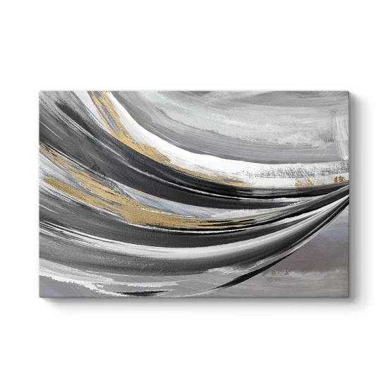 Gri zemin üzerine siyah ve altın renkli büyük dalga görünümlü modern soyut dijital baskı kanvas tablo.