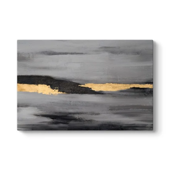 Gri fırça darbesi görünümlü zemin üzerine yatay siyah ve altın varak efektli şerit, modern soyut kanvas tablo.