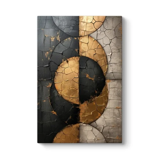 Siyah, altın ve gri renkli, çatlatma dokusu görünümlü geometrik daire desenli modern soyut kanvas tablo.