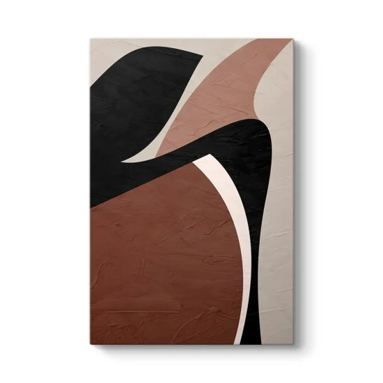 Siyah ve kiremit rengi bloklu, beyaz şerit detaylı modern soyut kanvas tablo.