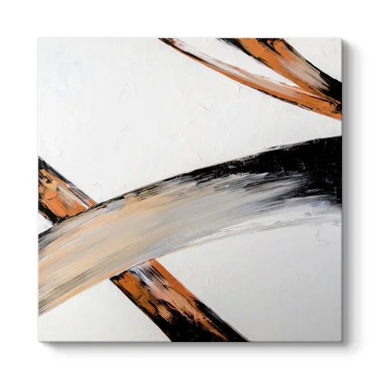 Beyaz zemin üzerine siyah ve bakır renkli çapraz çizgili modern soyut kanvas tablo