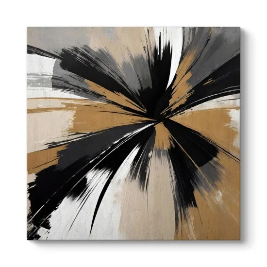 Siyah, bej, gri ve kırık beyaz tonlarında merkezden dışa yayılan çizgilere sahip soyut kanvas tablo