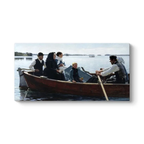 Albert Edelfelt Cenaze Yolculuğu kanvas tablo, Conveying a Child’s Coffin eseri teknede aile ve göl manzarası