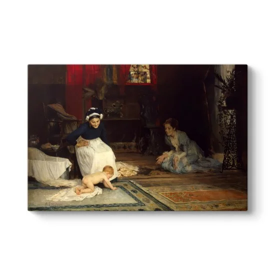 Yerde emekleyen bebek ve mavi elbiseli anne figürlü, Albert Edelfelt imzalı dekoratif kanvas tablo