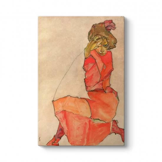 Egon Schiele - Kneeling Female in Orange-Red Dress Tablosu