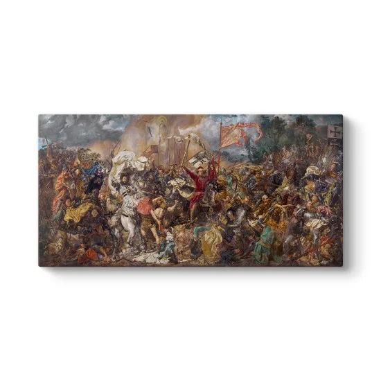 Jan Matejko Grunwald Savaşı tablosu kanvas baskı, atlı şövalyeler ve bayraklarla dolu savaş sahnesi