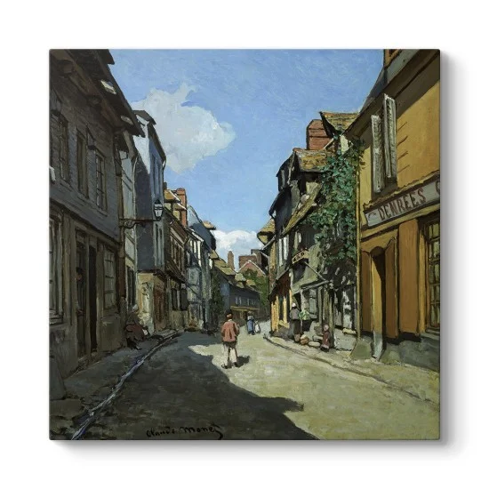 Claude Monet Honfleur Sokağı tablosu kanvas baskı, güneşli dar sokakta yürüyen figürler