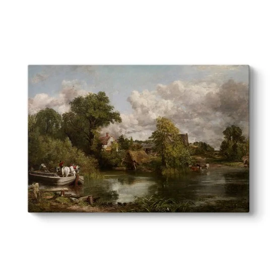 John Constable Beyaz At kanvas tablo, Stour Nehri’nde kayıkla taşınan beyaz at ve İngiliz kır manzarası