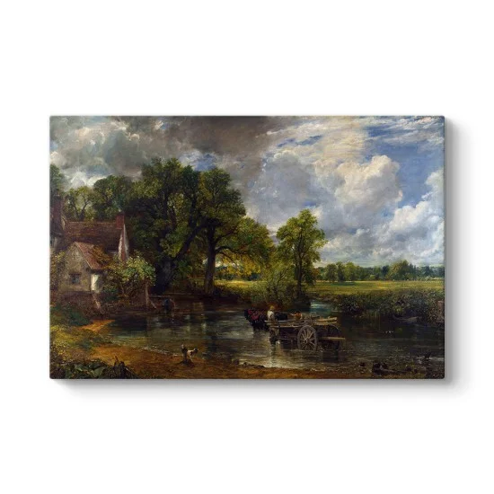 John Constable Saman Arabası kanvas tablo, sığ sudan geçen atlı araba ve İngiliz kır evi