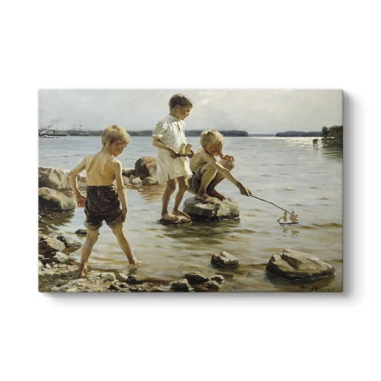 Deniz kenarında oyuncak yelkenli yüzdüren üç çocuk, taşların üzerinde oynayan çocuklar, Albert Edelfelt imzalı deniz temalı tablo
