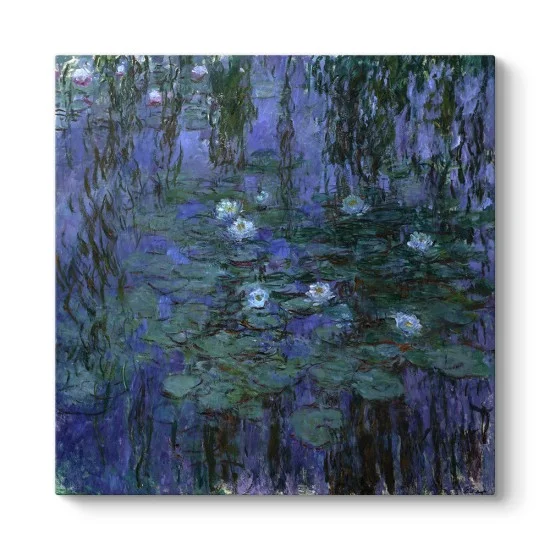 Claude Monet Mavi Nilüferler tablosu kanvas baskı, söğüt yansımalı gölde beyaz nilüferler