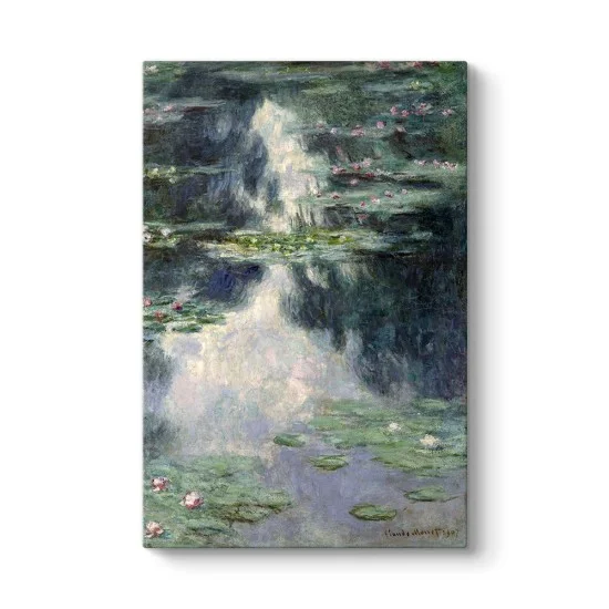 Claude Monet Nilüfer Havuzu tablosu kanvas baskı, suda söğüt yansımaları ve pembe nilüferler