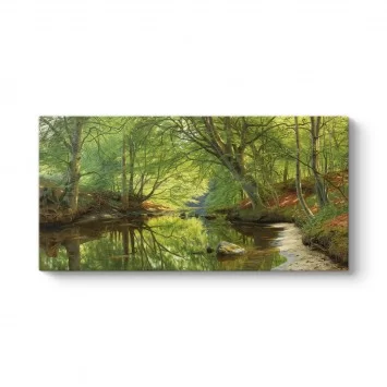 Peder Mork Monsted -  Sunset Over a Forest Lake Tablosu