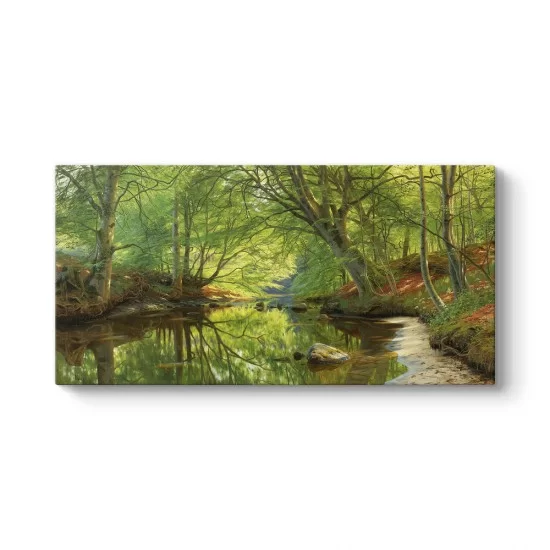 Peder Mork Monsted -  Sunset Over a Forest Lake Tablosu