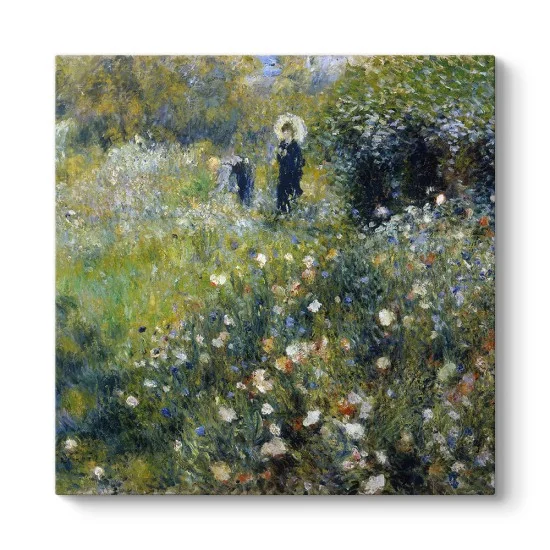 Renoir Bahçede Şemsiyeli Kadın kanvas tablo, çiçekli bahçede iki figür