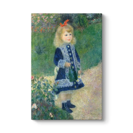 Renoir Sulama Kabıyla Küçük Kız kanvas tablo, çiçekli bahçede mavi elbiseli çocuk