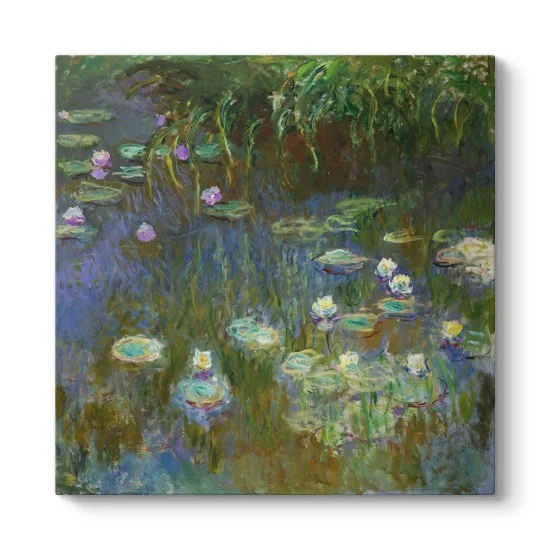 Claude Monet Söğüt ve Nilüferler tablosu kanvas baskı, söğüt dalları altında yeşil suda nilüferler